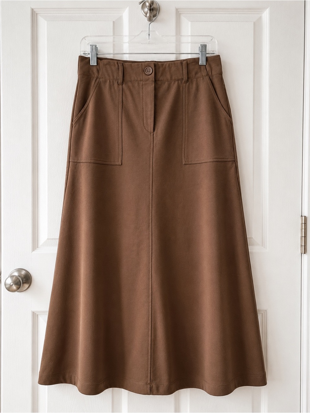 Max Studio London Brown A-Line Midi Skirt Small Stretch Utility Pocket